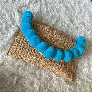 Anthropologie Shiraleah Jute Straw Pom Pom Clutch Blue Tan Festival Boho Beach